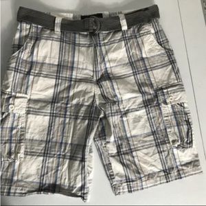 Beverly Hills Polo Club Shorts Mens Blue Plaid Cargo Belted Size 36